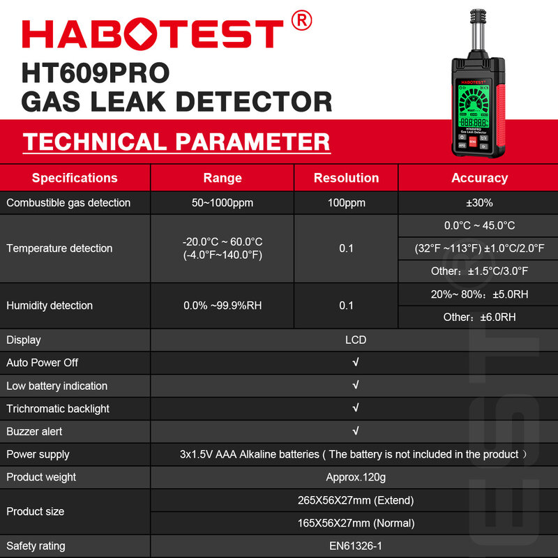 كاشف تسرب الغاز المحمول HABOTEST ، مقياس درجة الحرارة والرطوبة ، دقيق ، رقمي ، حساسية هايت ، استجابة سريعة ، HT609Pro