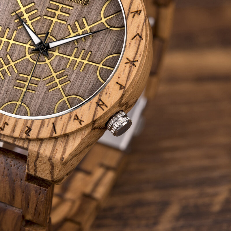بوبو الطيور خشبية فايكنغ ساعة اليد مع رأس من الرهبة ، دائرة رونية فريدة من نوعها ، vegvysir Valknut ، ساعات مخصصة للرجال ، رمز نورس
