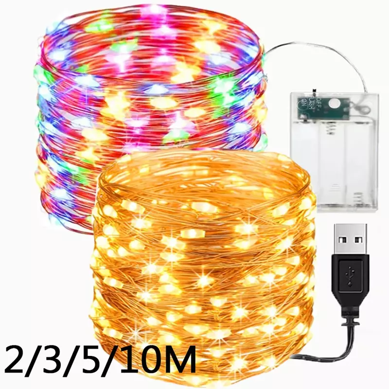 أضواء LED الجنية الملونة الأسلاك النحاسية USB بطارية تعمل بالطاقة سلسلة جارلاند أضواء مقاوم للماء عيد الميلاد حفل زفاف الديكورات 2/3/5/10 متر