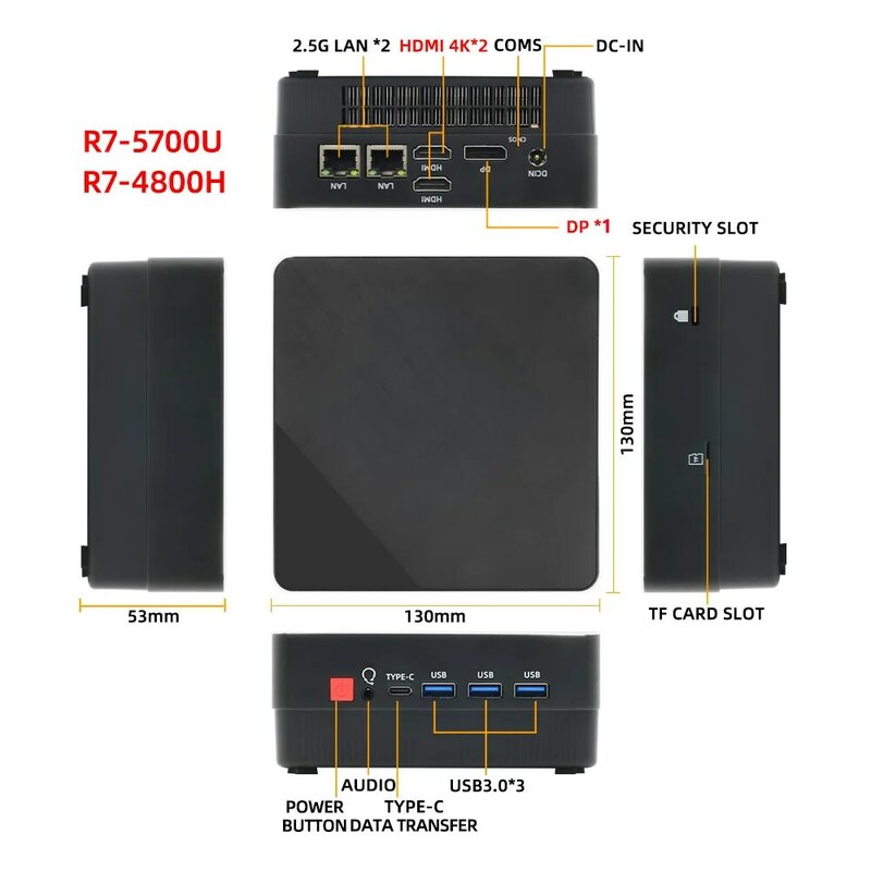 كمبيوتر صغير بأربعة شاشات تاكسهو ، AMD Ryzen 7 5800U ، 5500U ، جيب ثنائي DP ، من ، LAN ، Type-C ، wi-fi 6 ، dddr4 ، 16GB ، 1 ، NVMe