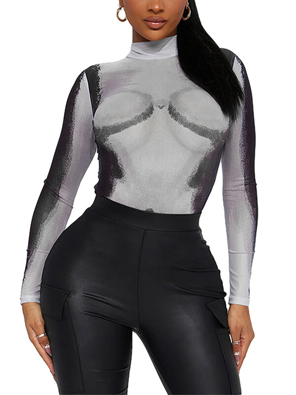 للمرأة جرونج جرافيك طباعة بذلة, كم طويل, رقبة عالية Bodycon, شفاف شبكة ارتداءها, خمر ملابس الشارع الشهير, Y2K