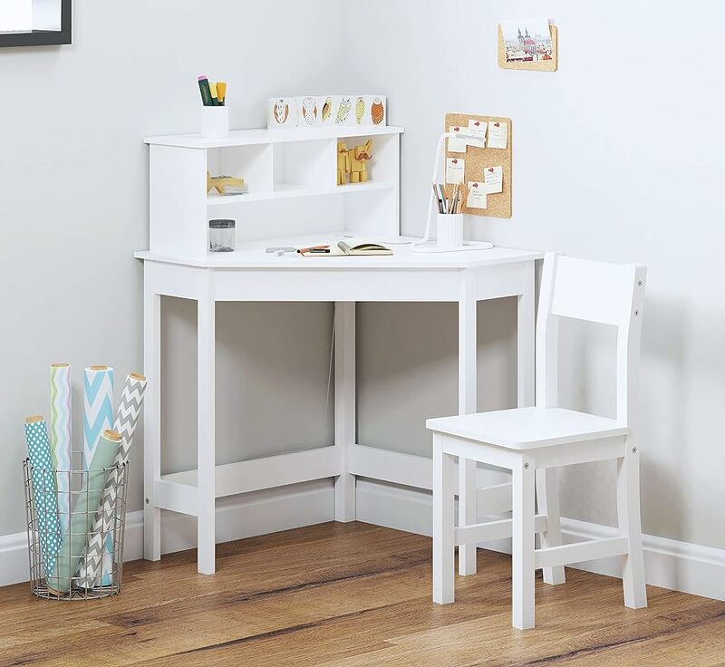 UTEX-مكتب دراسة خشبي مع كرسي للأطفال ، مكتب للكتابة ، التخزين والقفص ، للاستخدام المنزلي والمدرسي ، أبيض