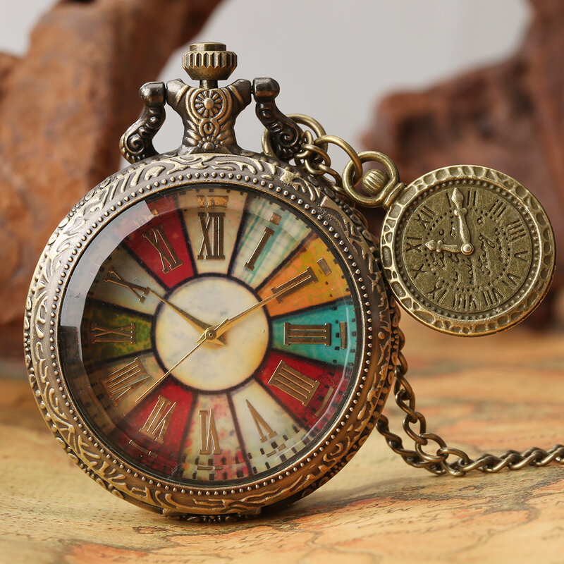 حافظة زجاجية شفافة ملونة الأرقام الرومانية الطلب التناظرية قلادة ساعة ساعة كوارتز ساعة جيب للرجال والنساء مع ملحق
