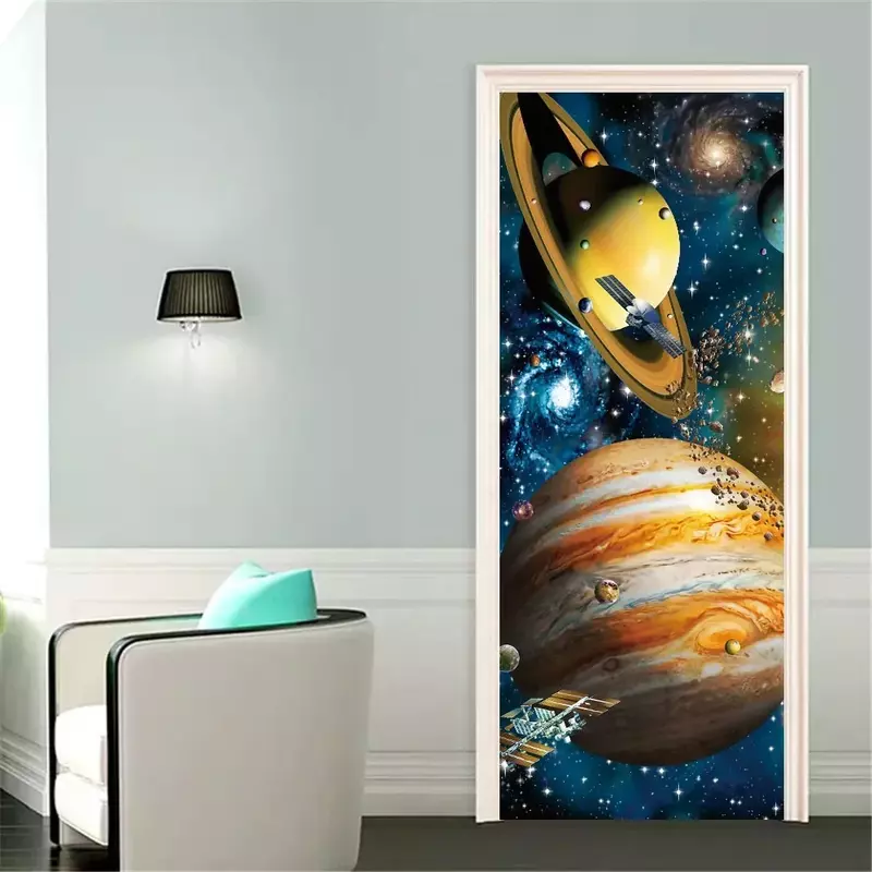الكون الكواكب ملصقات الباب ، السماء المرصعة بالنجوم غالاكسي الكونية ، الجداريات مشرقة ، النظام الشمسي ، الشارات ملصق للديكور المنزل