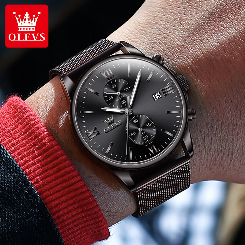 ساعة أوليفس-ساعة كوارتز رفيعة للغاية فاخرة للرجال ، حزام شبكي من الفولاذ ، ساعة سوداء مقاومة للماء ، علامة تجارية مشهورة ، جديدة