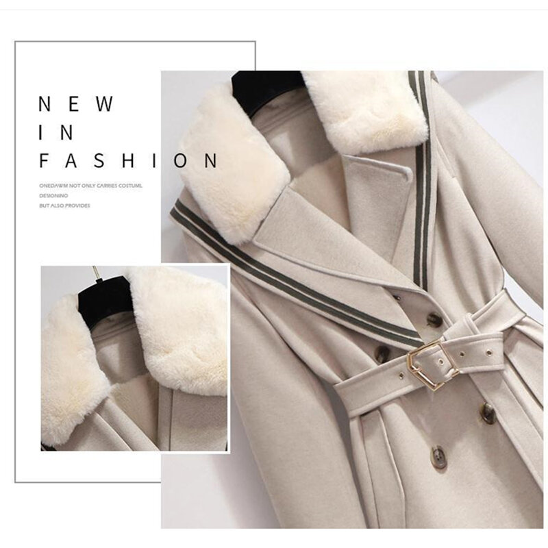 Wool Blends for Women Autumn Winter Lady Graceful Slim Long Jacket with Waistbelt Fashion Fur Collar Double Button Outerwear