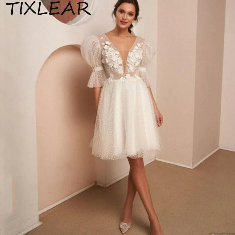 فستان زفاف بطول الركبة من TIXLEAR للنساء ، رقبة V بسيطة ، زر مغطى ، نصف أكمام منفوخة ، ثوب زفاف ، بسيط