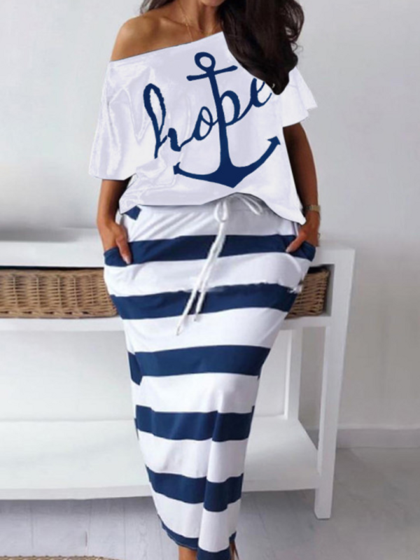 LW حجم كبير مطابقة مجموعات اثنين من قطعة فستان مجموعات رسالة طباعة مخطط تنورة مجموعة أزياء الصيف عادية بلايز + قيعان مطابقة Outfi