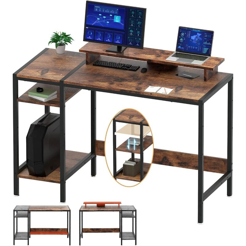 مكتب للألعاب والكمبيوتر مع حامل شاشة ، مكتب كتابة ريفي لشاشتين ، مساحة تخزين قابلة للتعديل ، مكتب منزلي ، صغير ، 47 بوصة