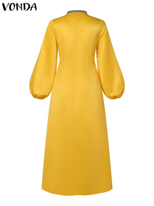 فوندا-المرأة طويلة فانوس كم فستان ماكسي ، مثير الخامس الرقبة ، الساتان ، خليط ، فستان الشمس للحفلات ، رداء فضفاض غير رسمي ، الخريف ، حجم كبير ، 5XL