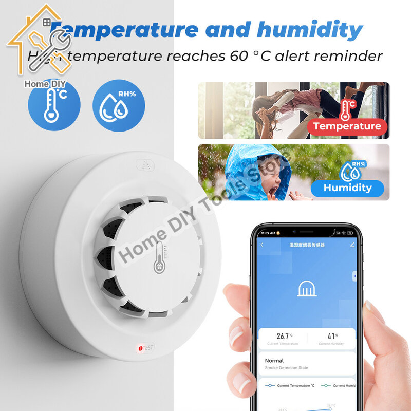 جهاز إنذار دخان Tuya WiFi للكشف عن درجة الحرارة والرطوبة 3 في 1 جهاز استشعار ذكي للحياة