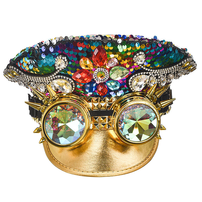 Corzzet الكبار الذهب الترتر المسامير مع الماس نظارات Steampunk قبعة القوطية اكسسوارات تظهر ملهى ليلي الهذيان روك تأثيري الدعائم