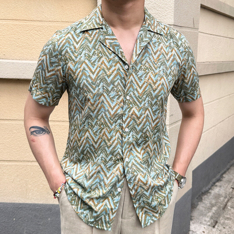 قميص صيفي لعام 2023 قميص هيب هوب غير رسمي لقضاء العطلات استوائي قميص رجالي هاواي ملابس الشارع الشهير قميص شاطئ مطبوع بشكل هندسي عتيق عتيق