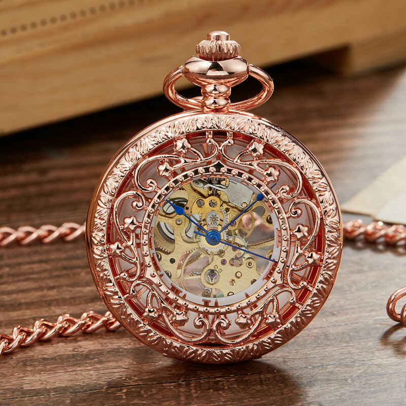 ارتفع الذهب الميكانيكية ساعة جيب ذات سلسلة Steampunk الهيكل العظمي الجوف اليد لف قلادة ساعة الرجال النساء Relógio دي بولسو