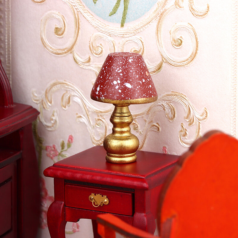 1:12 دمية مصغرة الأحمر الرجعية مكتب مصباح السرير ضوء الأثاث نموذج المنزل ديكور لعبة بيت الدمية الملحقات