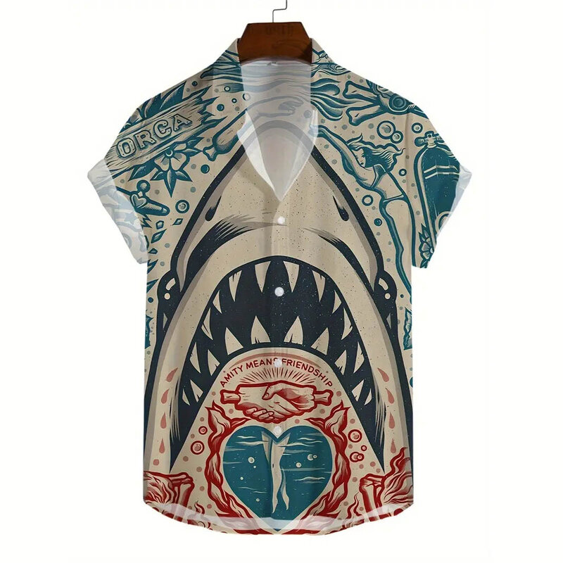 قميص هاواي بأكمام قصيرة للرجال ، نمط سمك القرش الحيواني ، طباعة ثلاثية الأبعاد ، ملابس الشارع ، قمصان كبيرة الحجم ، ملابس الصيف