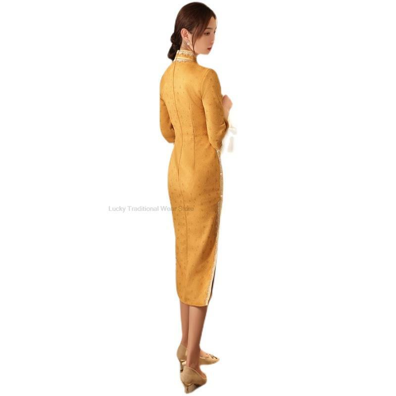 الصينية طويلة شيونغسام المرأة مثير الرجعية اليومية خمر تشيباو فستان ربيع الخريف النمط الفرنسي سيدة أنيقة فستان شيونغسام