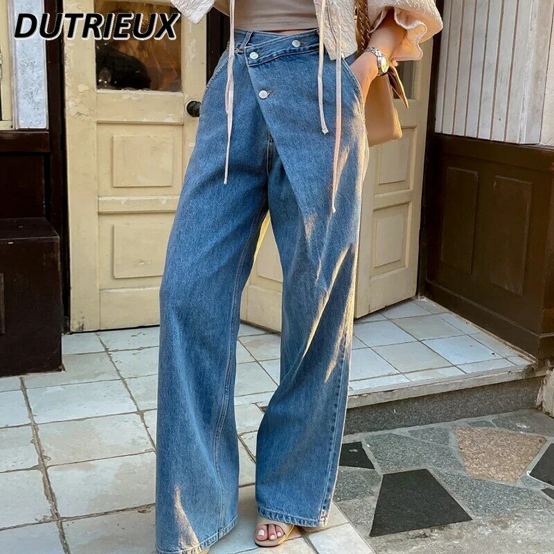 سراويل دينم عتيقة عالية الخصر للنساء ، جينز واسع الساق ، مطابق بالكامل ، تصميم مشبك قطري غير منتظم ، طراز كوريا ، الخريف