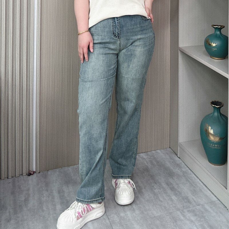 جينز بساق مستقيمة للنساء ، بنطال بطول كامل ، خصر مرتفع ، تطريز على الطراز الصيني ، مقاس كبير ، كاجوال ، ربيعي وخريفي ، جديد ،
