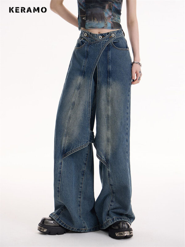 جينز نسائي بخصر مرتفع بتصميم شريحة واسعة الساق ، كلاسيكي اومري ، نمط بين النساء ، سراويل غير رسمية ، سراويل جينز نسائية مستقيمة