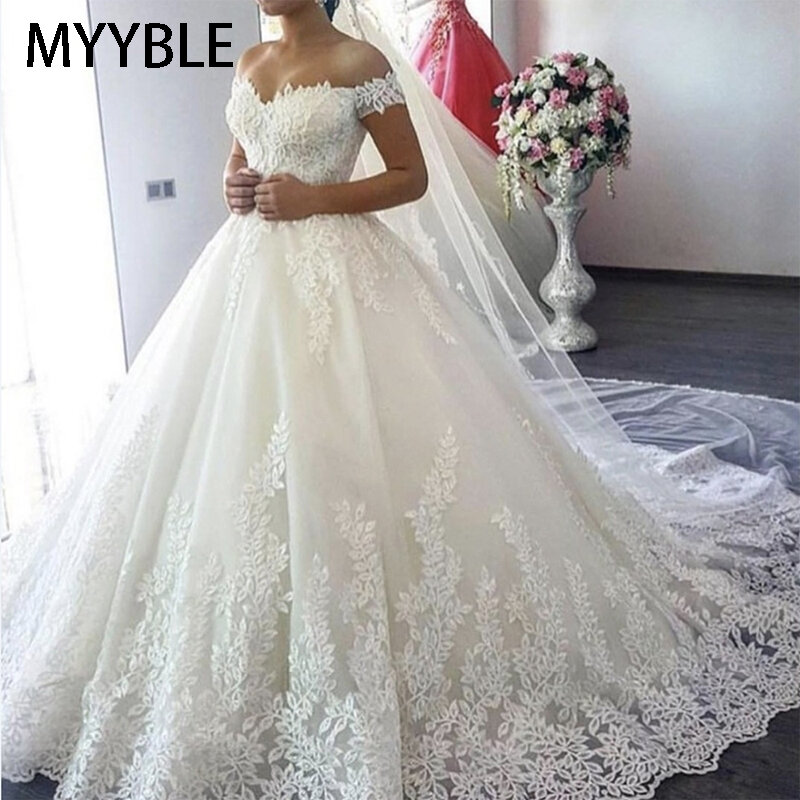 MYYBLE أبيض قبالة الكتف حجم كبير Vestido De Noiva 2023 فستان الزفاف قطار مخصص حجم كبير الزفاف تول Mariage