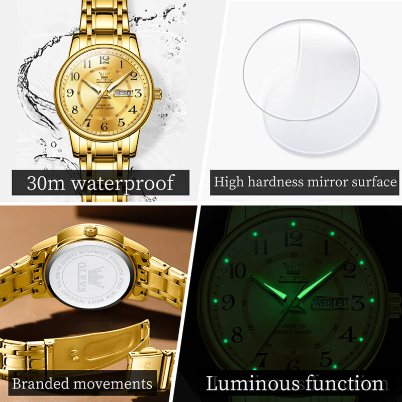 ساعة يد كوارتز ذهبية للنساء ، مقياس رقمي فاخر ، مقاومة للماء 30 متر ، مضيئة ، الأعمال ، الموضة ، تاريخ الأسبوع