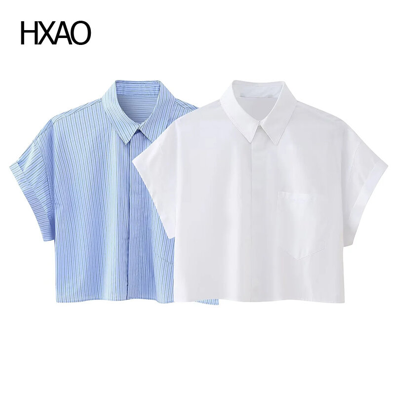HXAO-قميص مخطط بأكمام قصيرة للنساء ، توبات وبلوزات ، بلوزة نسائية أنيقة ، ملابس نسائية ، الصيف ،