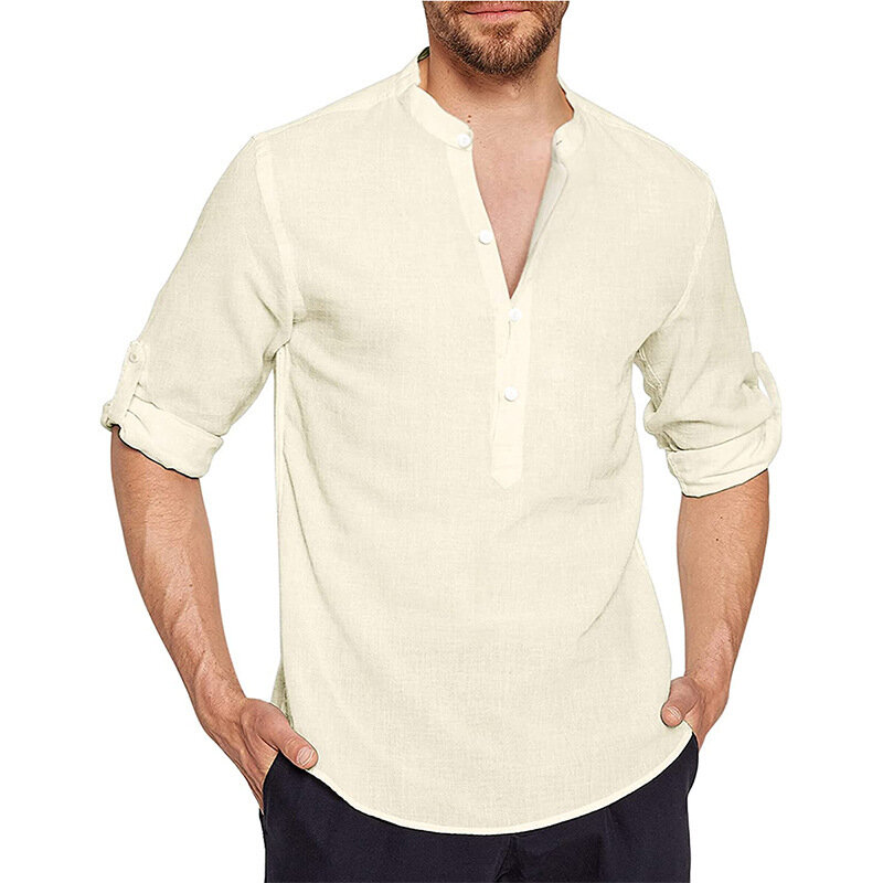 قمصان كتان قطنية للرجال ، قمصان كاجوال خفيفة الوزن ، أكمام طويلة ، قمصان شاطئ هينلي ، قمصان هاواي ، جديدة