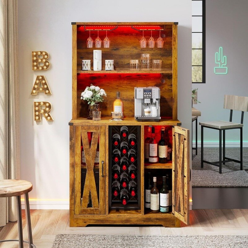 خزانة بار yitahage مع إضاءة ليد ، خزانة خمور طويلة ، خزانة بار قهوة مع تخزين ، خزانة نبيذ بوفيه للمطبخ ، 65"
