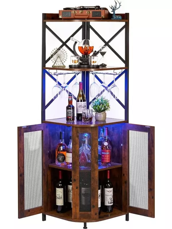 خزانة بار زاوية مع أضواء ليد ، خزانة نبيذ صناعية مع حامل زجاجي ، خزانة بار نبيذ مع رف قابل للتعديل ، 5 طبقات