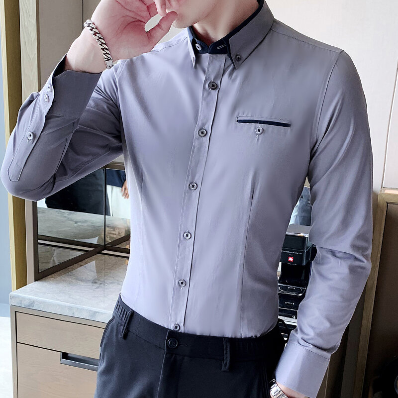 جودة الرجال قميص طويل الأكمام حك الصلبة مخطط فستان الأعمال مكتب قميص غير رسمي سليم صالح رجل فستان قمصان M-5XL
