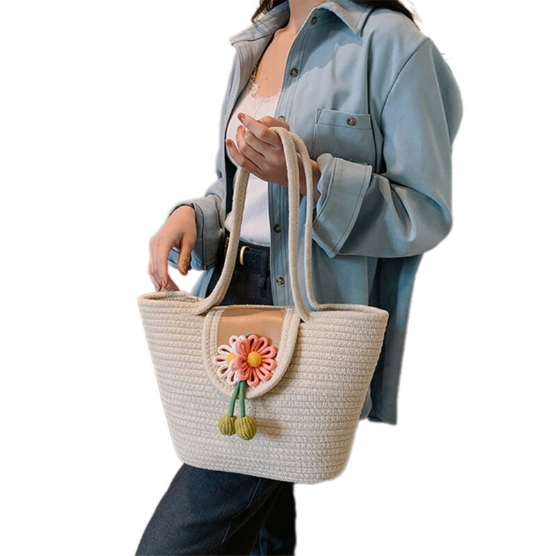 حقيبة كتف منسوجة يدويًا متعددة الوظائف ذات سعة كبيرة وحقيبة يد من خيط القطن مناسبة لمختلف المناسبات
