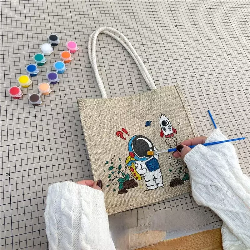 حقيبة يد جرافيتي إبداعية بألوان مائية وفرشاة للأطفال ، حقيبة خربش كتان ، حقيبة تسوق محلية الصنع ، حقيبة حرفية ذاتية الصنع ، عشوائية ، 1 *