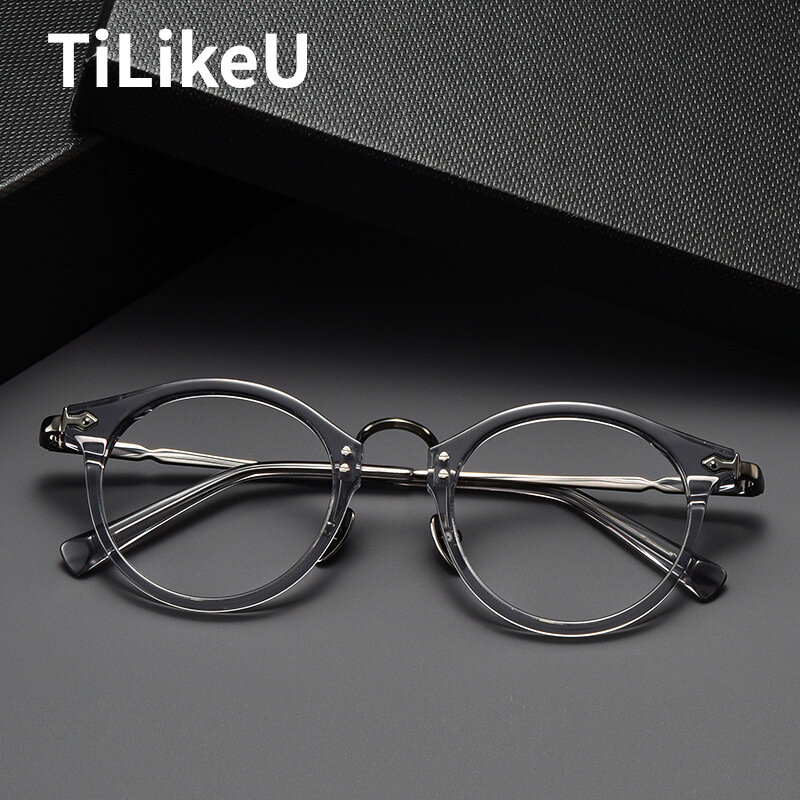 إطار نظارات من الأسيتات العتيق للرجال ، نظارات دائرية بسيطة من التيتانيوم للقراءة ، نظارات طبية لقصر النظر ، مصمم علامة تجارية عالي الجودة