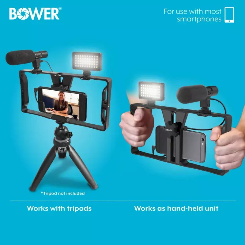 مجموعة Bower Ultimate Vlogger Pro مع جهاز الهاتف الذكي ، ميكروفون HD ، 50 ضوء LED ، 3 ناشرات ، فلاتر ، مصراع ، جهاز تحكم عن بعد