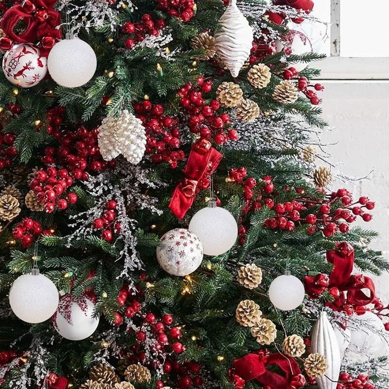 البلاستيك شجرة عيد الميلاد كرات معلقة ، ديكور عيد الميلاد ، الأبيض ، بريق ، السنة الجديدة ، 6 قطعة ، 6-8 سنتيمتر