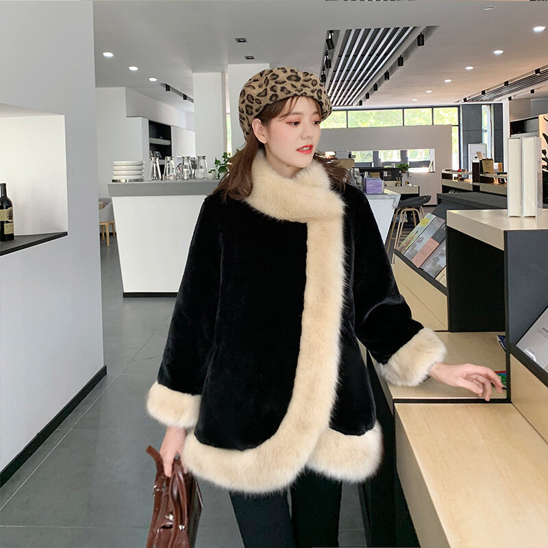 هاينينغ معطف الفرو القطني المقلد ، عباءة قطيفة ، منتصف الطول ، مزاجه ، شال ، موضة جديدة ، خريف وشتاء ، 2023