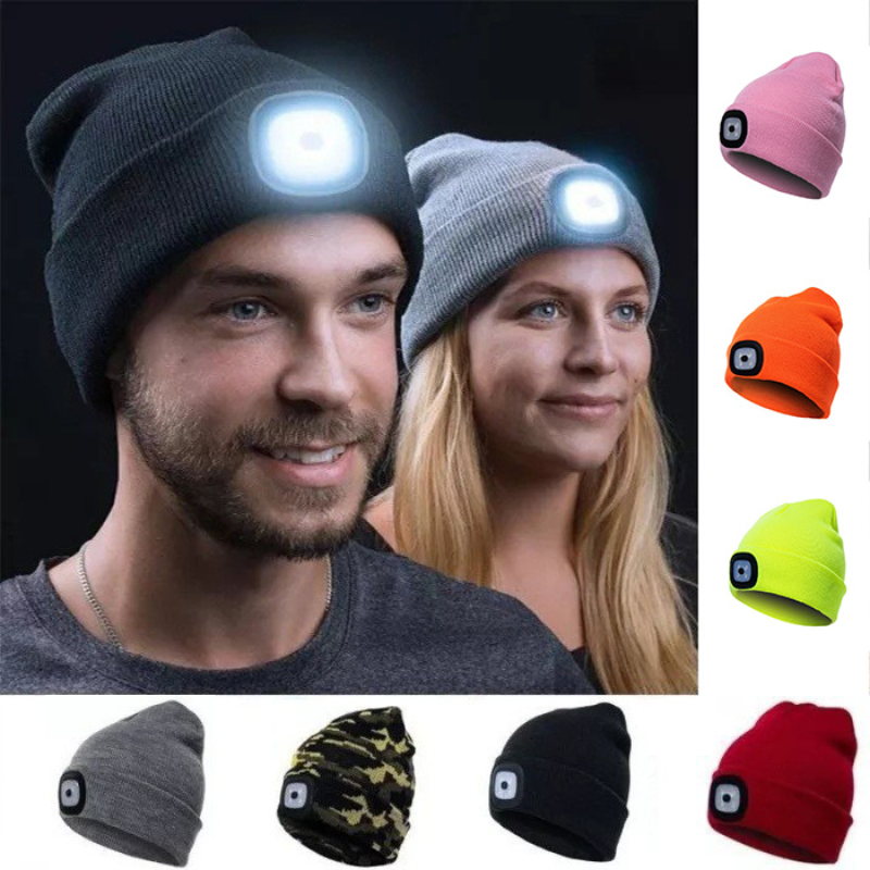 Outdoor Fishing Caps LED Lighted Beanie Cap Hip Hop Men Knit Hat Winter Warm Hunting Camping Running Hat Gifts for Men Women