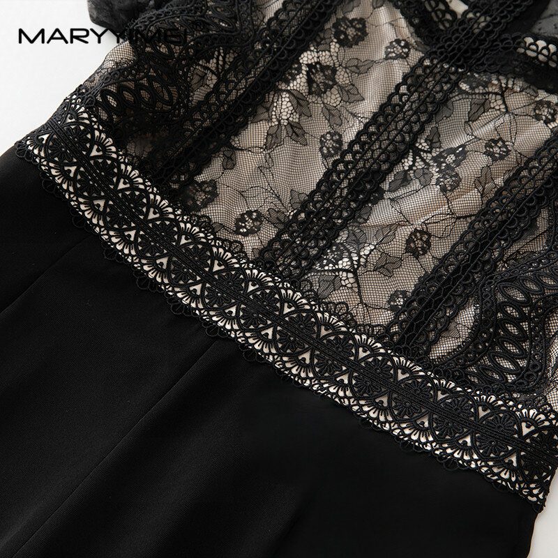 Maryimei-بذلة دانتيل شبكية بأكمام منفوخة للنساء ، مجوفة ، مطبوعة بساق واسعة ، برقبة دائرية ، سوداء ، مصممة أزياء ، الربيع ، الصيف