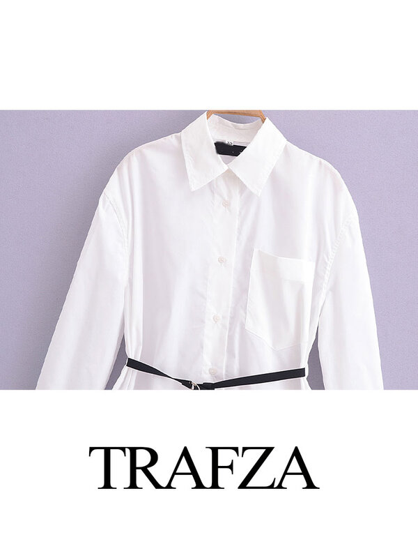 TRAFZA-قميص طويل فضفاض للنساء ، قماش واق من الرياح ، أزرار وحزام ، بلوزات نسائية برية ، موضة الربيع ،