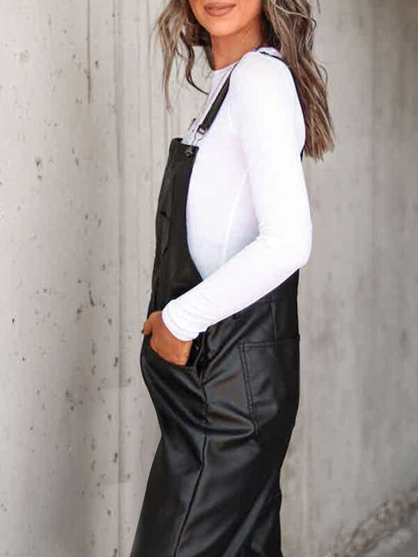 جديد إمرأة جلد أفرول بلون فضفاض عادية أكمام البضائع مستقيم الساق بذلة رومبير مع جيوب موضة S-XL