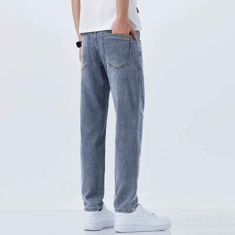 جينز حريري رقيق للرجال ، بنطلون مستقيم ضيق مرن ، بنطلون جينز قطني ، ملابس عمل غير رسمية ، موضة جديدة ، صيف
