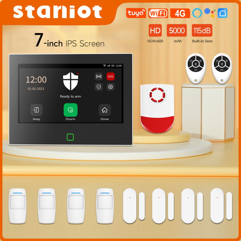 Staniot-نظام إنذار المنزل ، مجموعة حماية الأمن الذكية ، المدمج في 115dB بصوت أعلى صفارات الإنذار ، واي فاي اللاسلكية ، 4G تويا ، بطارية 5000mAh ، 7"