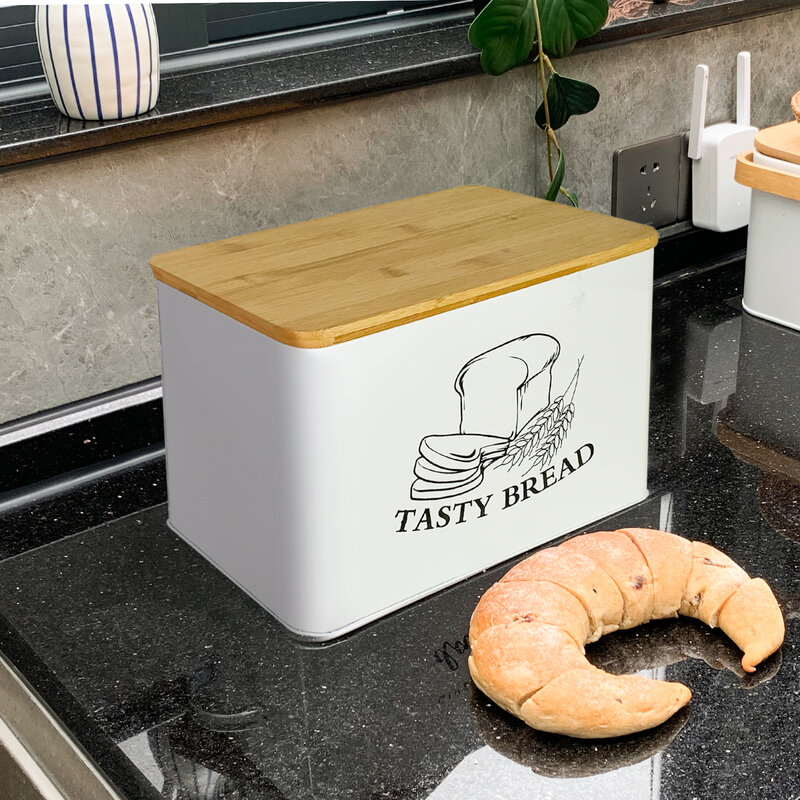 الحديث نمط أبيض صندوق تخزين الخبز صندوق مطبخ في الهواء الطلق المعجنات وجبة خفيفة تخزين الحاويات المعدنية مع لوح مصنوع من خشب الخيزران غطاء 34x18.5x21.5cm