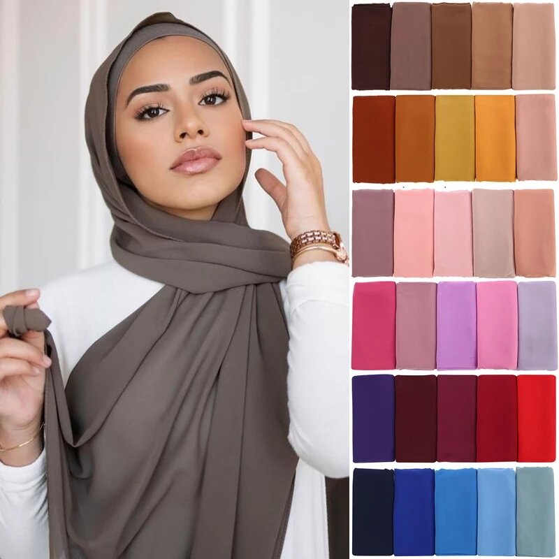 وشاح شيفون إسلامي للنساء ، غطاء رأس طويل ، أحادي اللون ، حجاب ، أوشحة للسيدات ، قميص الحجاب