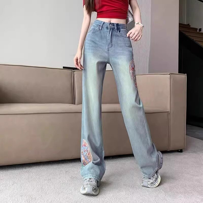 جينز نسائي على الطراز الصيني مطرز ، عالي الخصر ، بطول كامل ، نحيف ، مستقيم ، شارع مرتفع ، بنطال جينز متعدد الاستخدامات ، أنثى ، ربيع ، جديد
