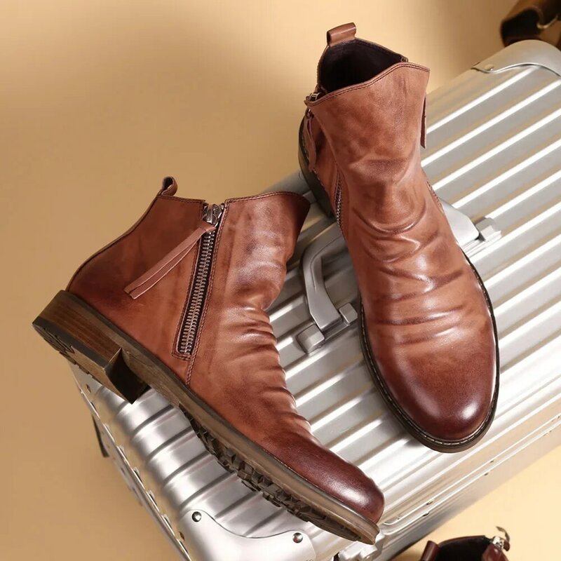 أحذية كاحل مريحة للرجال بتصميم عتيق ، أحذية جلدية غير قابلة للانزلاق ، أحذية كاوبوي رياضية ، 2023