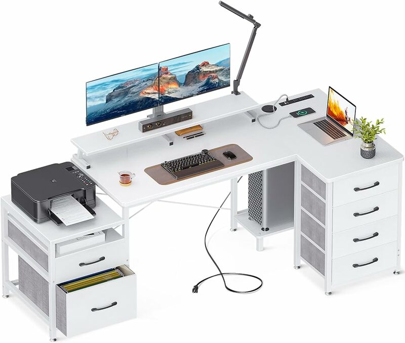 مكتب كمبيوتر KL على شكل حرف L ، أدراج ملفات ، 3 منافذ طاقة ، منافذ USB ، 72 بوصة ، مكتب منزلي مع خزانة طابعة