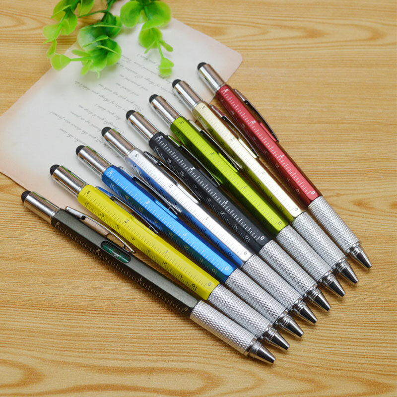 قلم حبر جاف متعدد الوظائف مع أداة محمولة باليد ، مسطرة ، مسطرة تقنية ، مفك براغي ، شاشة تعمل باللمس ، مستوى روح القلم ، 64 ، 6 في 1