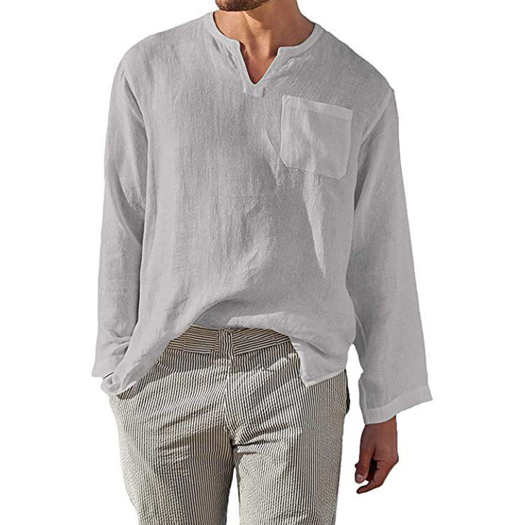 2022 الصيف شابو مصباح من قماش الكتّان الأبيض القطن الكتان الشباب بلون عادية عادية فضفاض كم طويل قميص الرجال